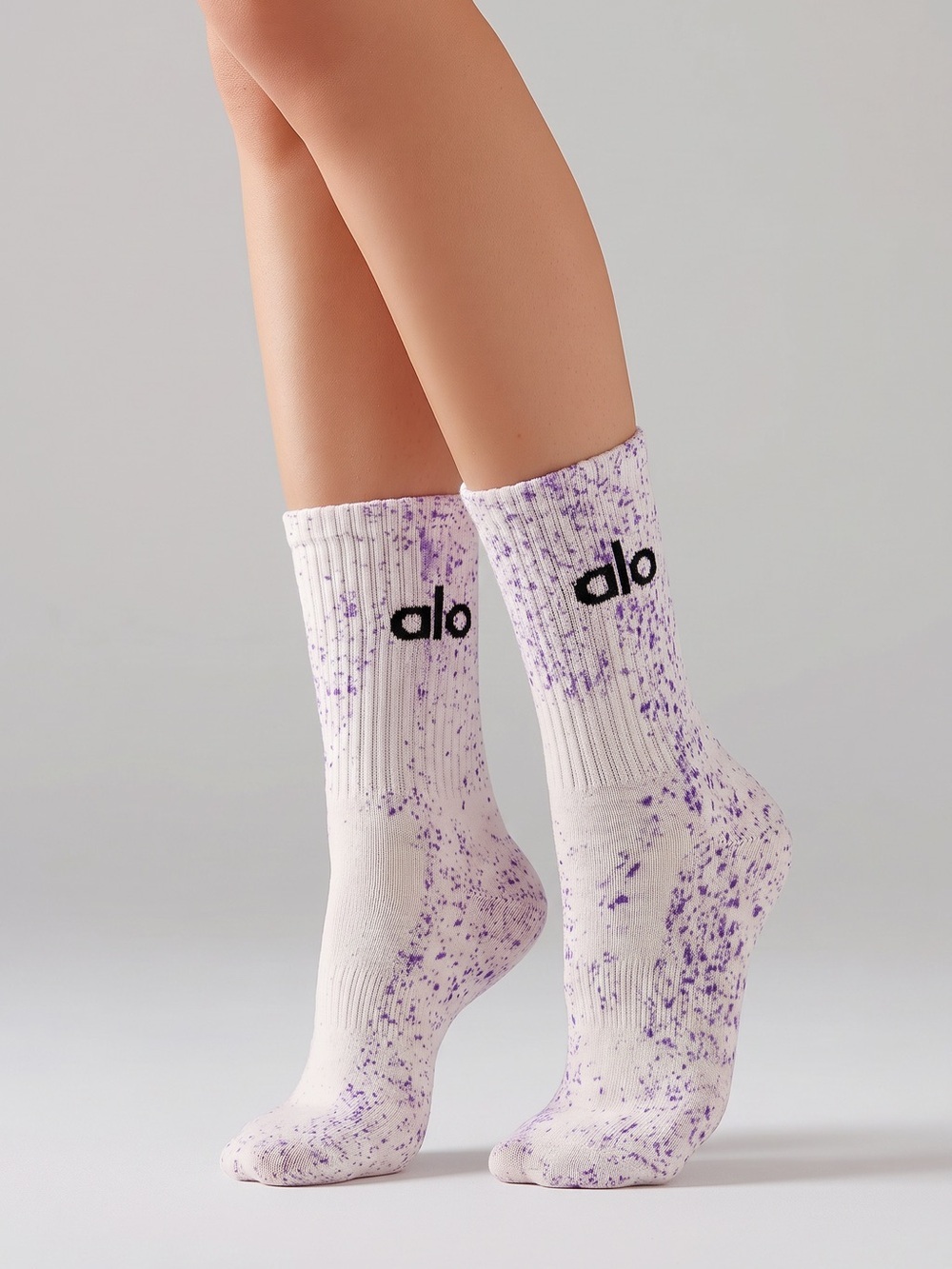 ALO Yoga White Crew Socks with Purple Speckle - Picture 3 of 6